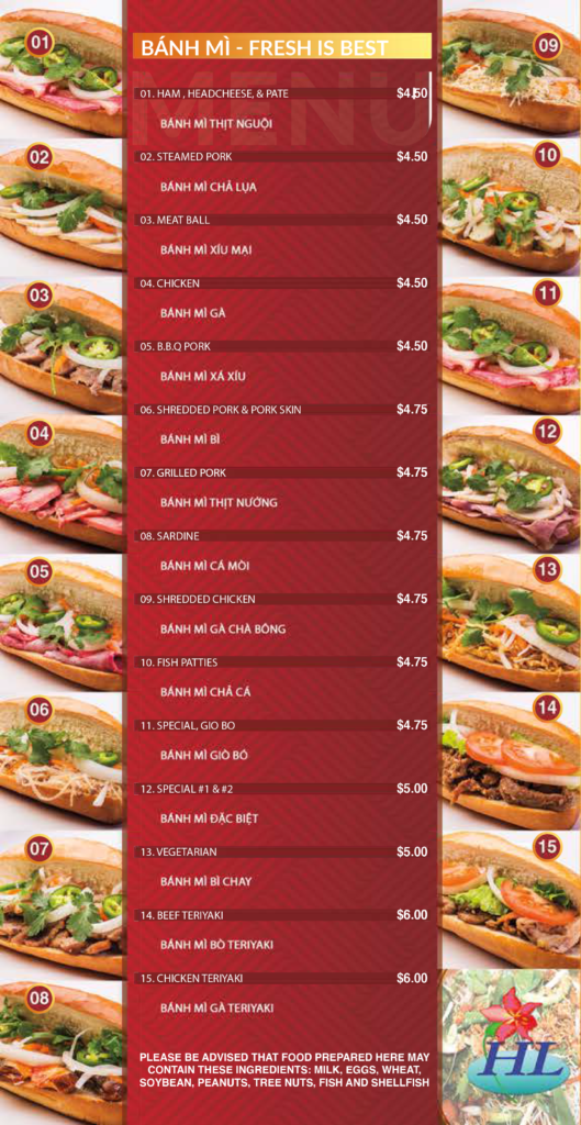 Menu Huong Lan Sandwiches